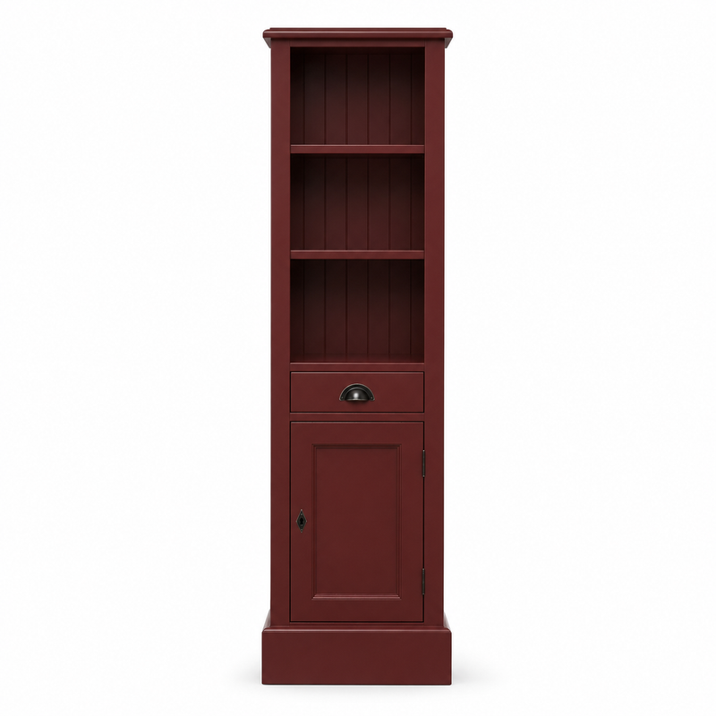 Country-style bordeaux pine Roscoff bathroom column cabinet with open shelves and cup-handle drawer, front view