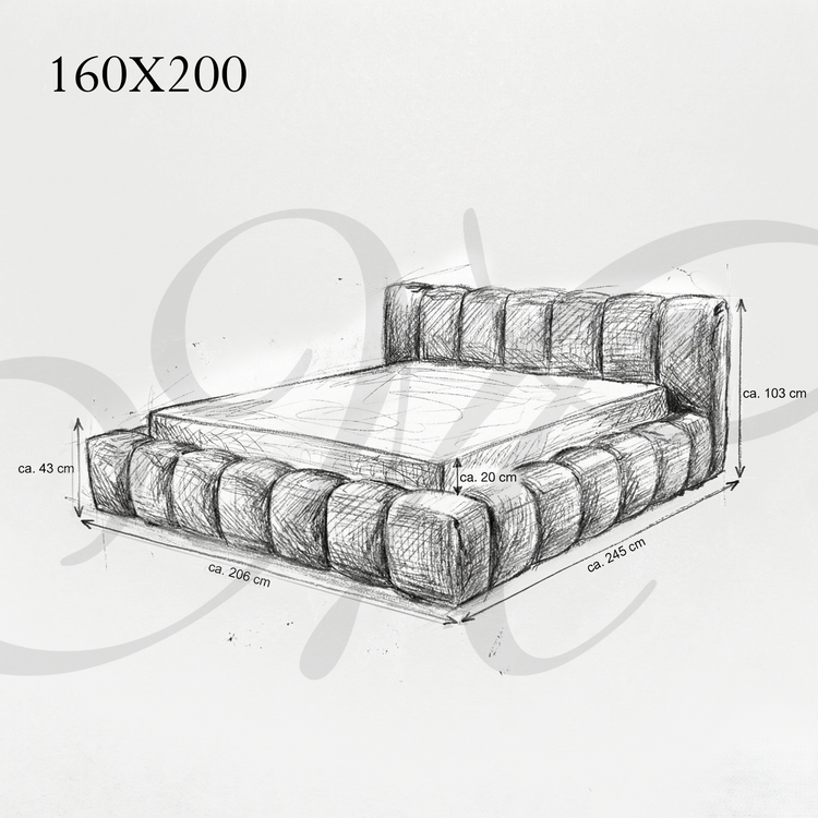 Technical drawing of a bed with dimensions 160X200 on a light gray background.