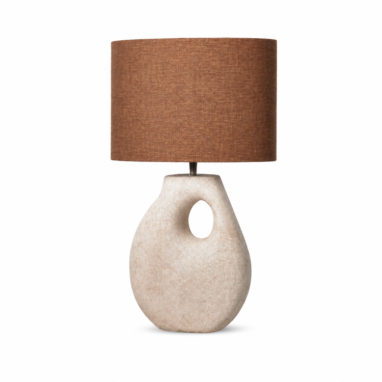 Table Lamp Boe 7909Z in taupe sand finish, front view showing elegant ellipse shade and warm-toned ceramic base on pure white background with soft studio lighting by Marcottestyle
