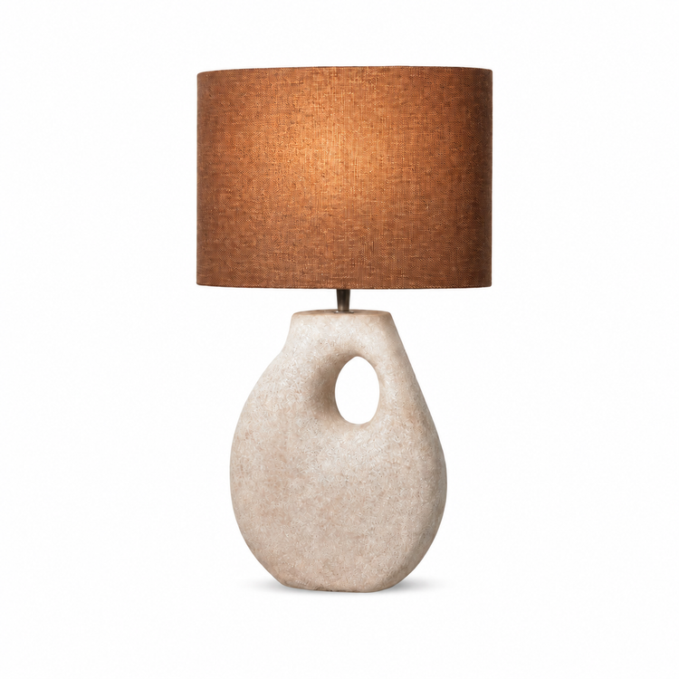 Table Lamp Boe 7909Z taupe sand with light turned on, warm glow subtly visible through the fabric shade, front view on white background with professional studio lighting by Marcottestyle