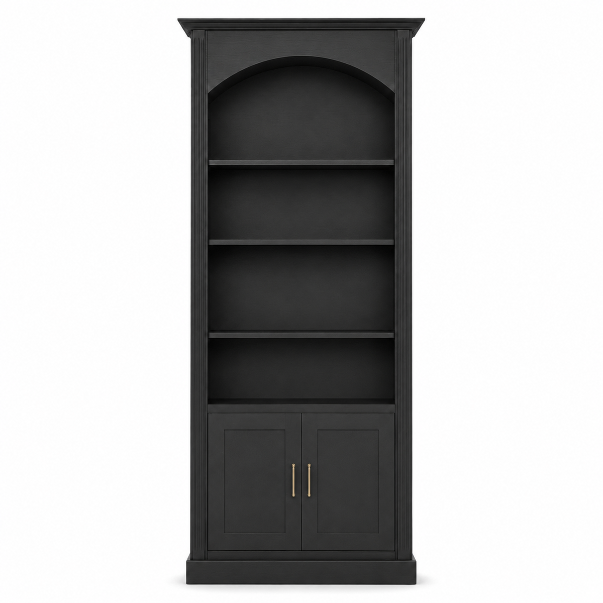 Classic black solid pine Arcade bookcase with arched top and brass handles, 250 cm tall, front view