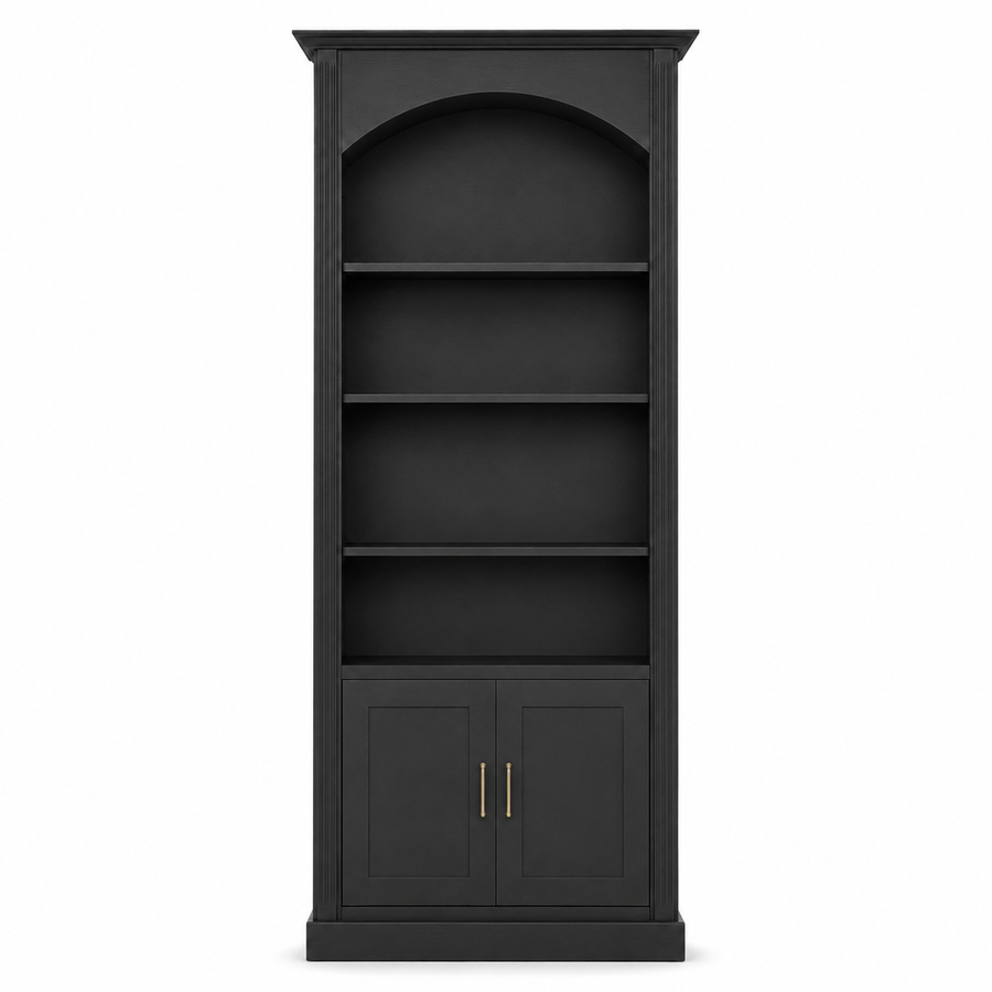 Classic black solid pine Arcade bookcase with arched top and brass handles, 250 cm tall, front view