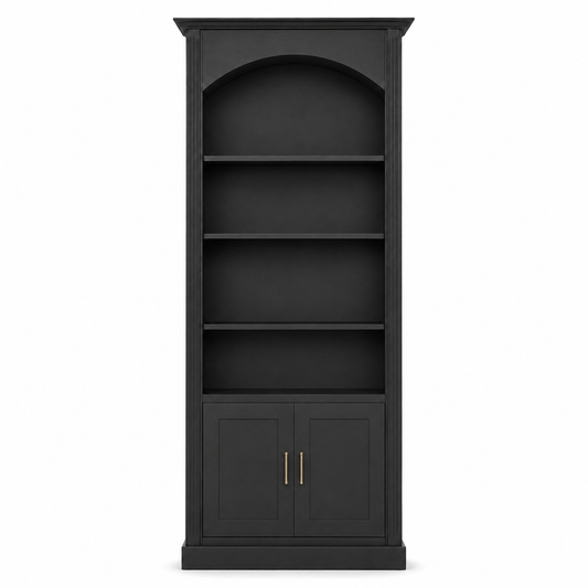 Classic black solid pine Arcade bookcase with arched top and brass handles, 250 cm tall, front view