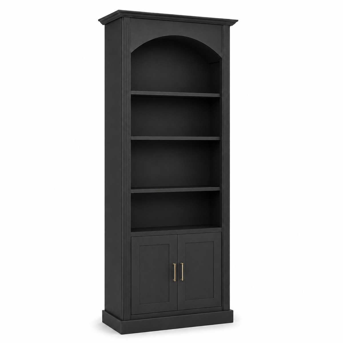 Classic black Arcade solid pine bookcase with fluted pilasters and shaker cabinet doors, three-quarter view