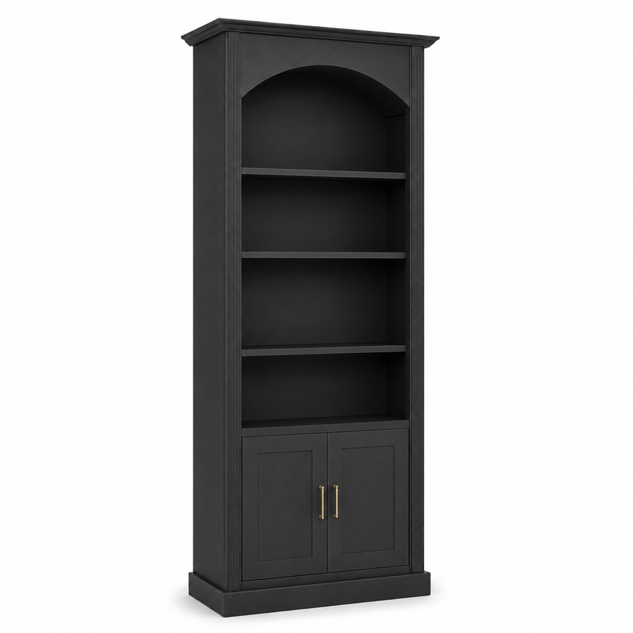 Classic black Arcade solid pine bookcase with fluted pilasters and shaker cabinet doors, three-quarter view