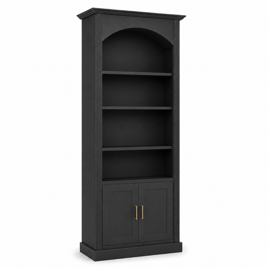 Classic black Arcade solid pine bookcase with fluted pilasters and shaker cabinet doors, three-quarter view