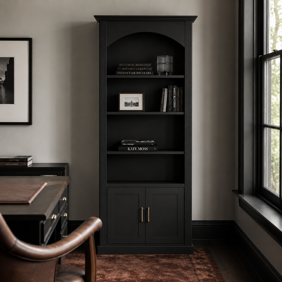 Classic black Arcade bookcase styled with books in a home office, 250 cm tall