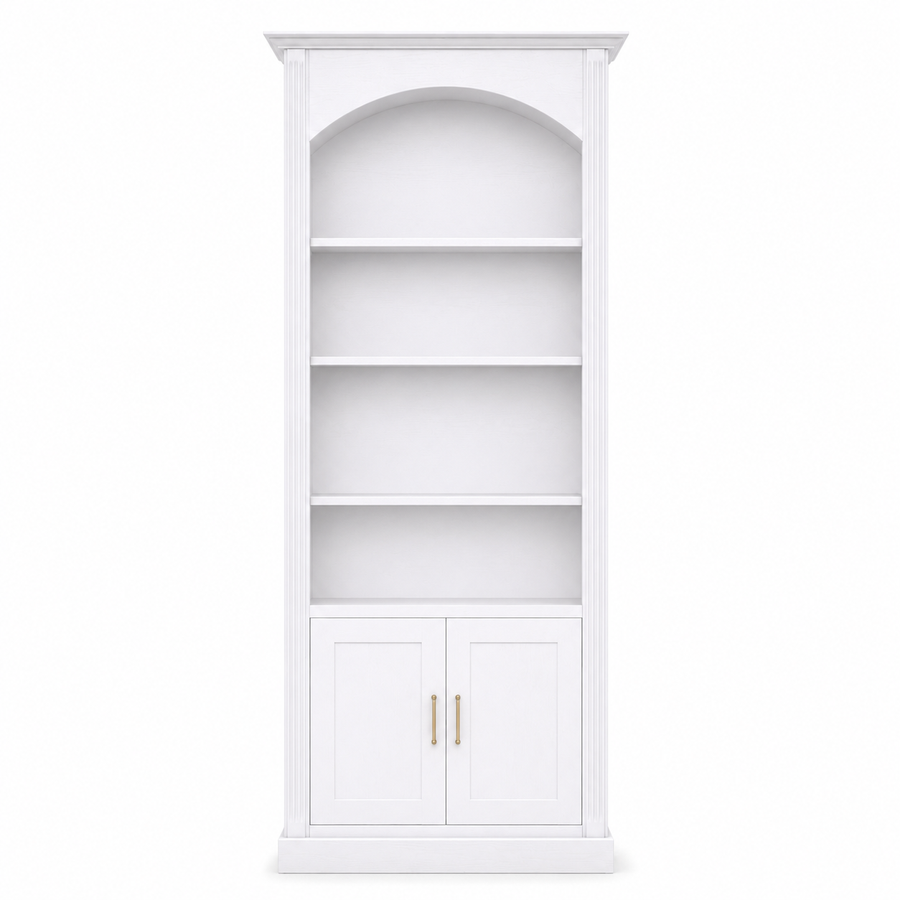 Classic white pine Arcade arched bookcase with fluted columns, 250 cm tall, front view