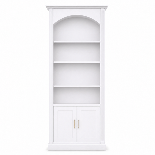 Classic white pine Arcade arched bookcase with fluted columns, 250 cm tall, front view
