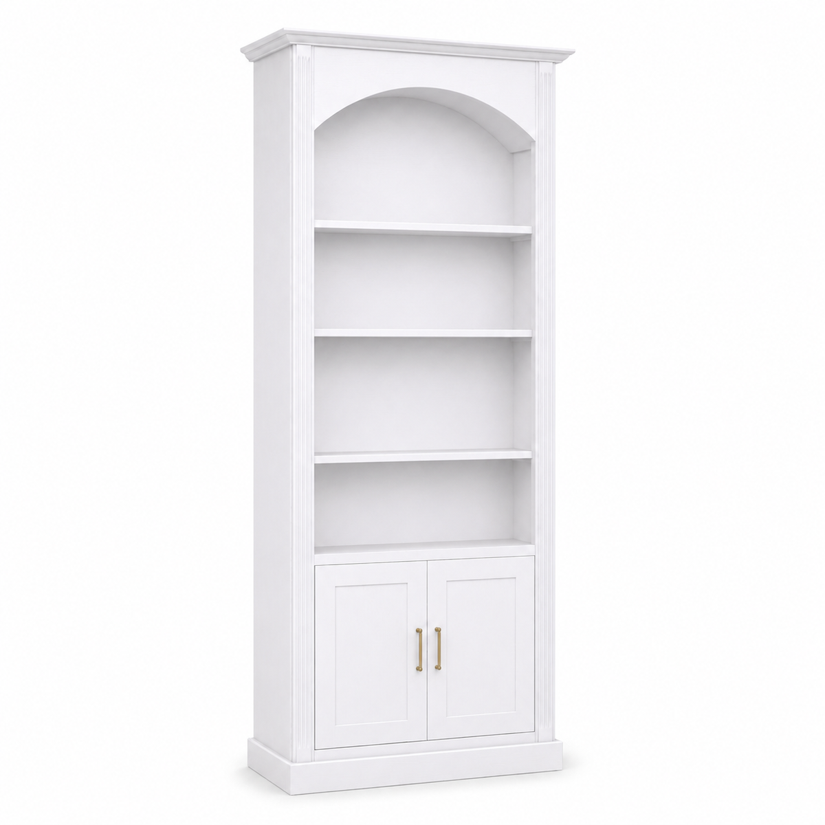 Classic white pine Arcade arched bookcase with open shelves and cabinet, angled three-quarter view
