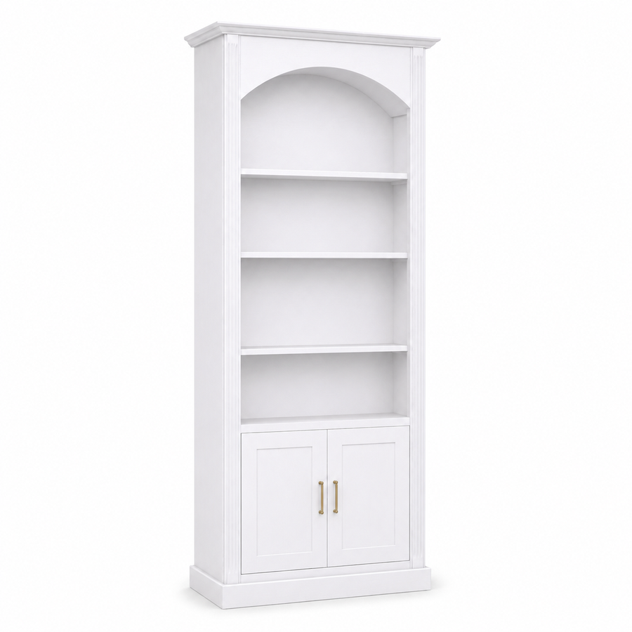 Classic white pine Arcade arched bookcase with open shelves and cabinet, angled three-quarter view