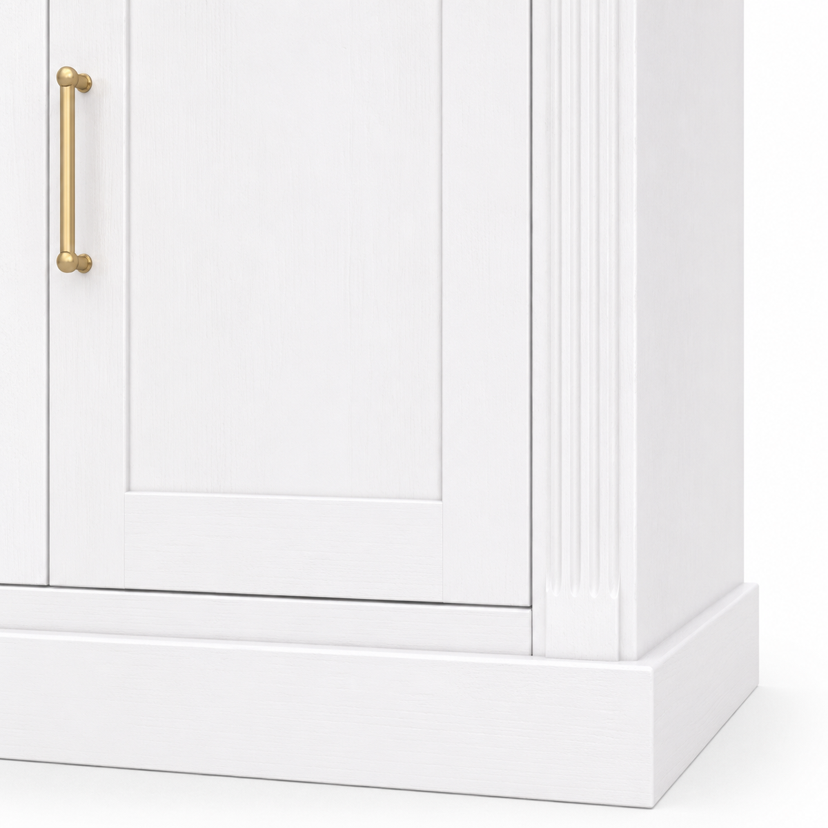 Close-up of brass door pull and fluted pilaster on white Arcade pine bookcase