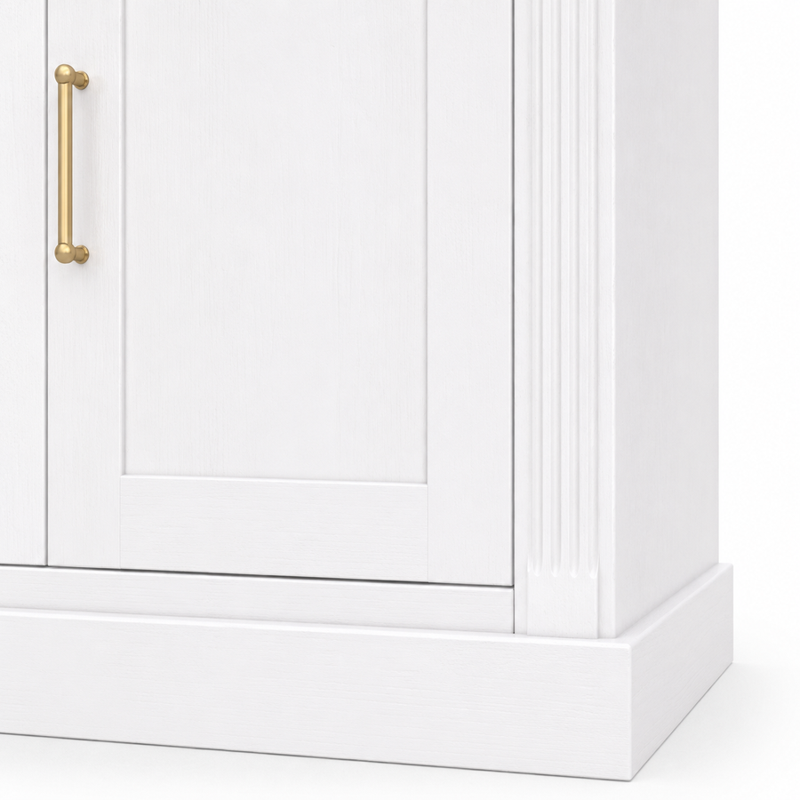 Close-up of brass door pull and fluted pilaster on white Arcade pine bookcase
