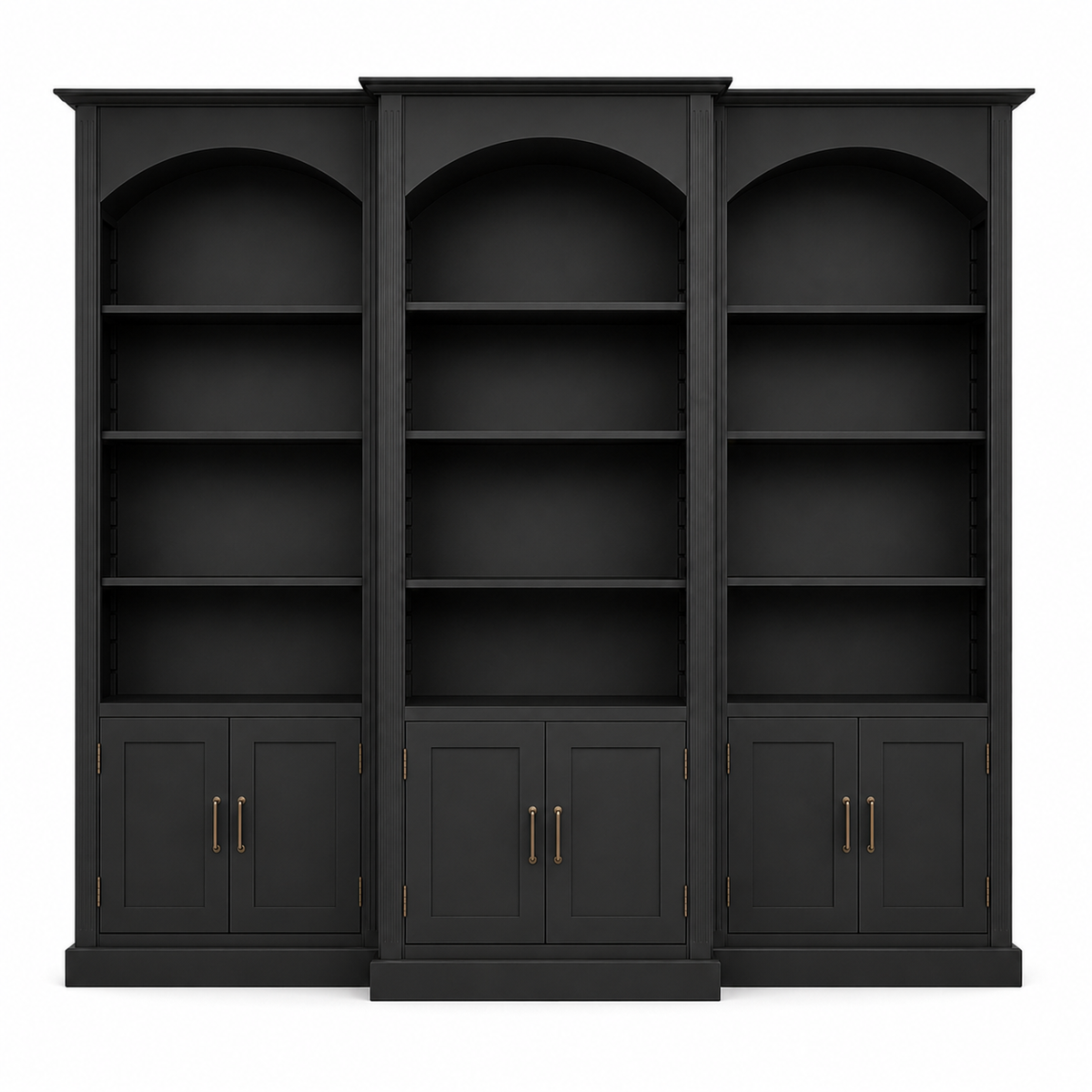 Transitional black solid pine Arcade triple arched bookcase with shaker cabinets, 306 cm wide, front view