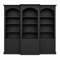 Transitional black solid pine Arcade triple arched bookcase with shaker cabinets, 306 cm wide, front view