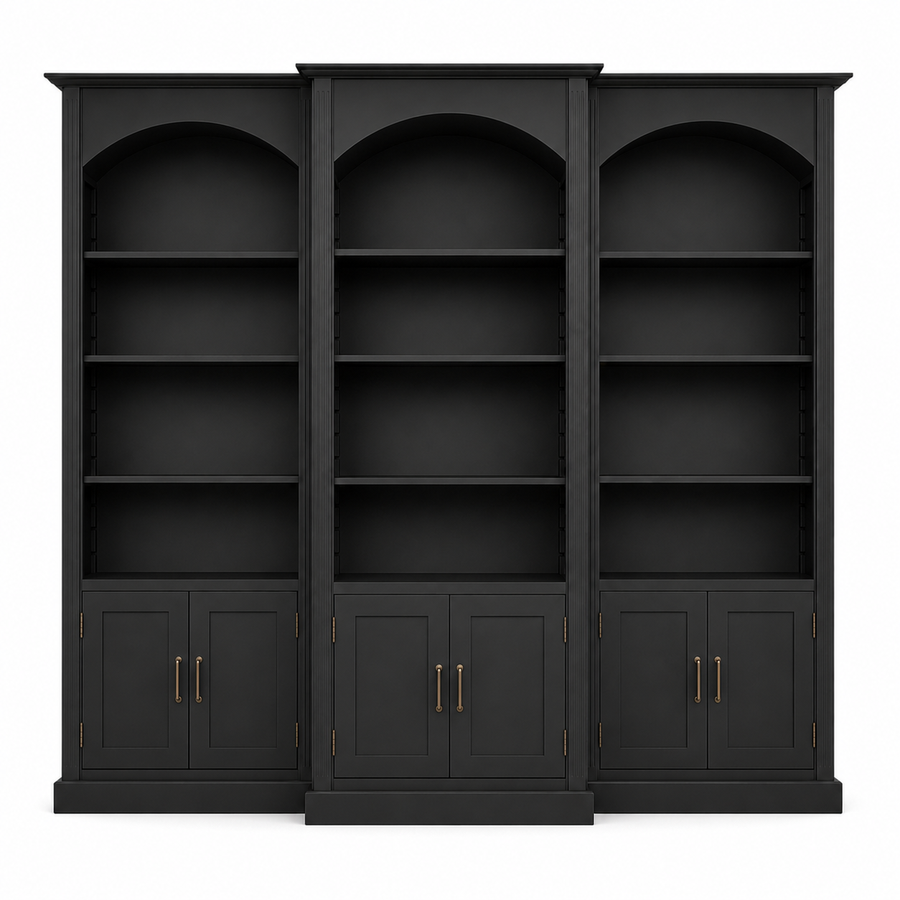 Transitional black solid pine Arcade triple arched bookcase with shaker cabinets, 306 cm wide, front view