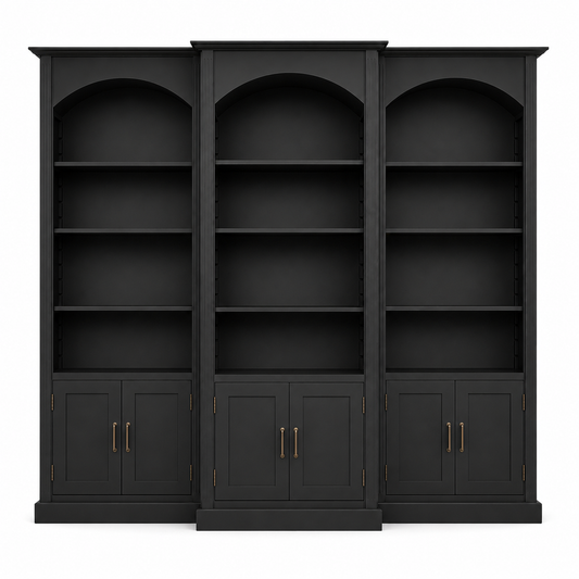 Transitional black solid pine Arcade triple arched bookcase with shaker cabinets, 306 cm wide, front view