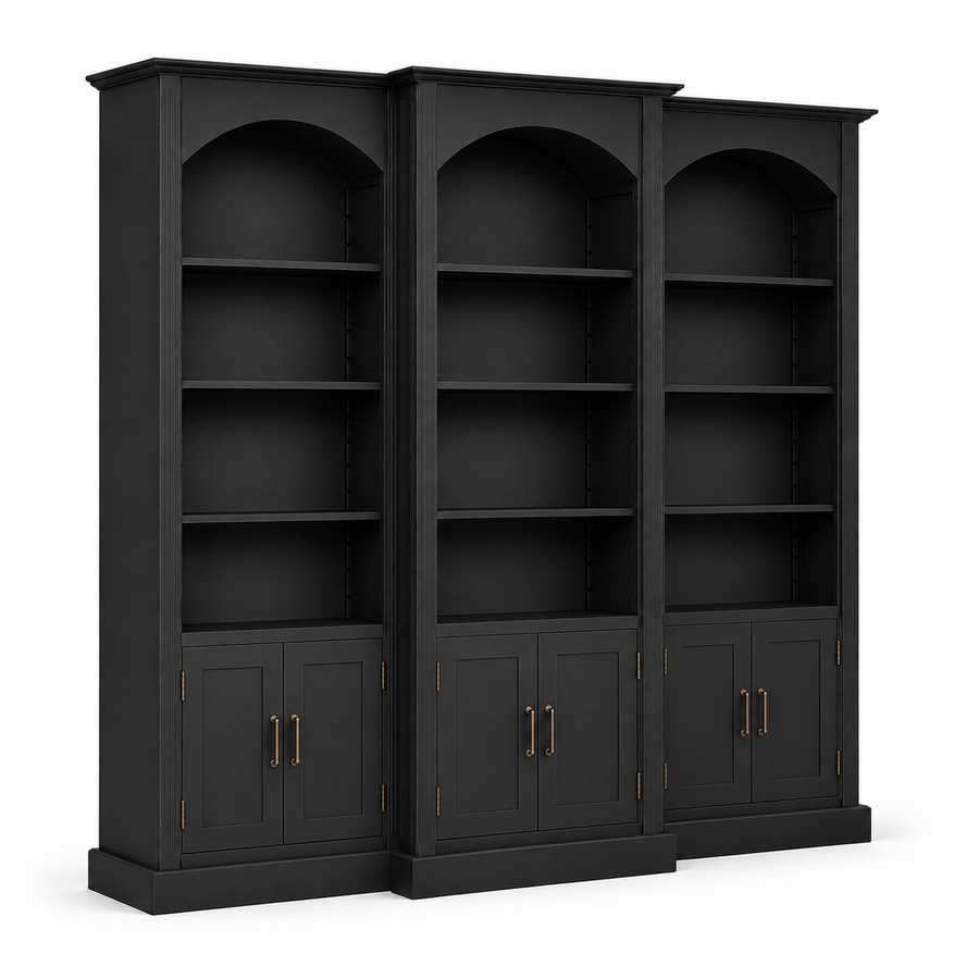Angled view of black solid pine Arcade triple arched bookcase with brass handles, 250 cm high