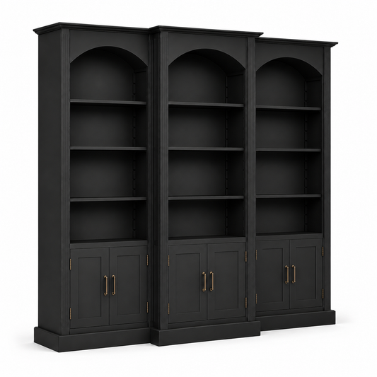Angled view of black solid pine Arcade triple arched bookcase with brass handles, 250 cm high
