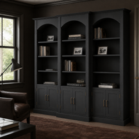 Transitional black Arcade triple arched bookcase styled in a living room with books and framed photos