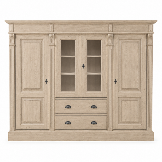 Classic solid oak Nevers bookcase with glazed display doors, 180 cm wide, front view