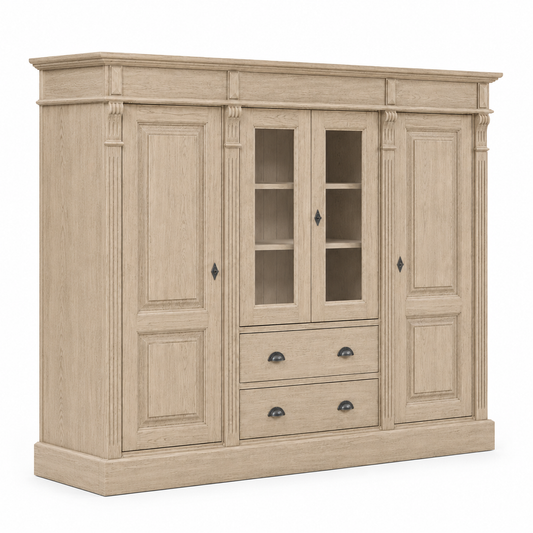 Classic solid oak Nevers bookcase, three-quarter view showing panelled doors and proportions