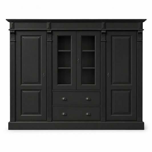 Classic black solid pine Nevers bookcase with panelled doors, 180 cm wide, front view