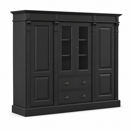 Classic black Nevers bookcase, three-quarter view showing glazed display doors and proportions