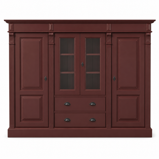 Classic bordeaux solid pine Nevers bookcase with panelled and glazed doors, 180 cm wide, front view