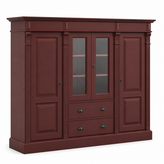 Classic bordeaux Nevers bookcase, three-quarter view showing glazed display doors and two drawers