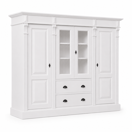 Classic white Nevers bookcase, three-quarter view showing panelled doors and tall proportions