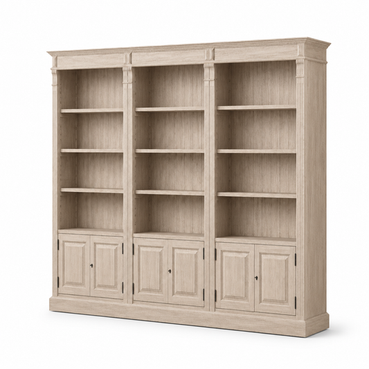 Classic solid oak Provins bookcase, three-quarter view showing fluted pilasters and proportions
