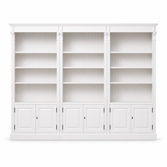 Classic white solid pine Provins bookcase with panelled doors, 340 cm wide, front view