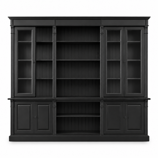 Classic black solid pine Saumur bookcase with glazed doors, 286 cm wide, front view