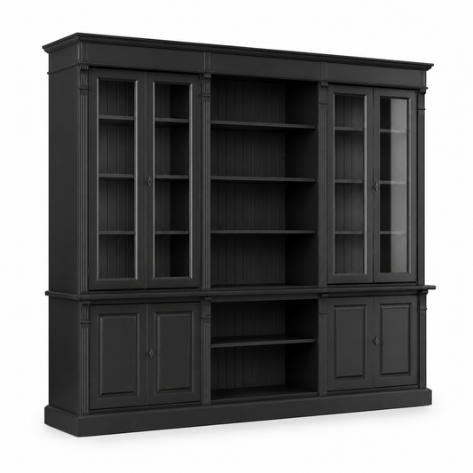 Classic black Saumur bookcase, three-quarter view showing glazed doors and monumental proportions