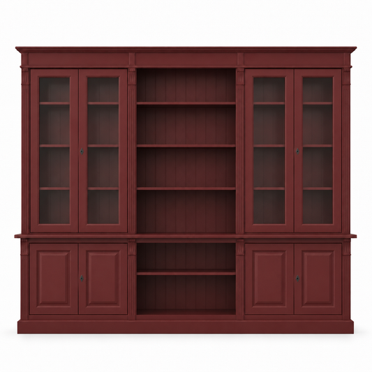 Traditional bordeaux solid pine Saumur library bookcase with glazed and panelled doors, 286 cm wide, front view