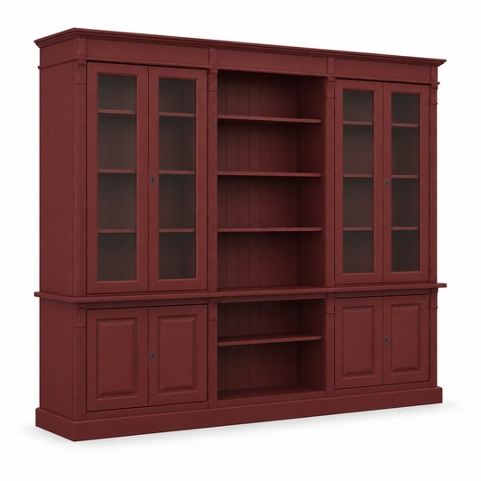 Directoire bordeaux solid pine Saumur bookcase with fluted pilasters and moulded cornice, 228 cm tall, angled view