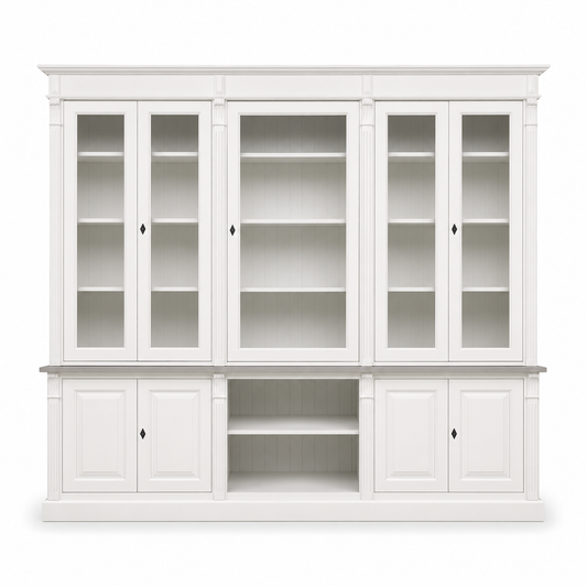 Classic white solid pine Saumur bookcase with glazed doors and moulded cornice, 286 cm wide, front view