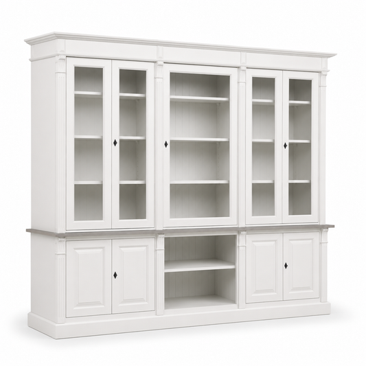 Classic white Saumur bookcase, three-quarter view showing panelled base and glazed display proportions