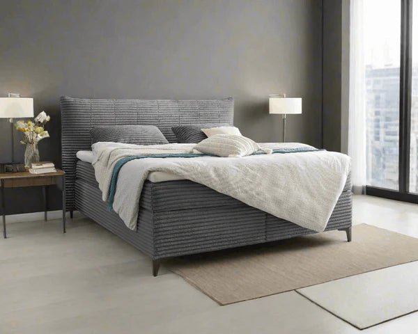 Boxspring Pasena - Gray | Includes Base and Topper - Marcottestyle Shop 180 x 200 cm HR foam topper (cold foam) | Marcottestyle