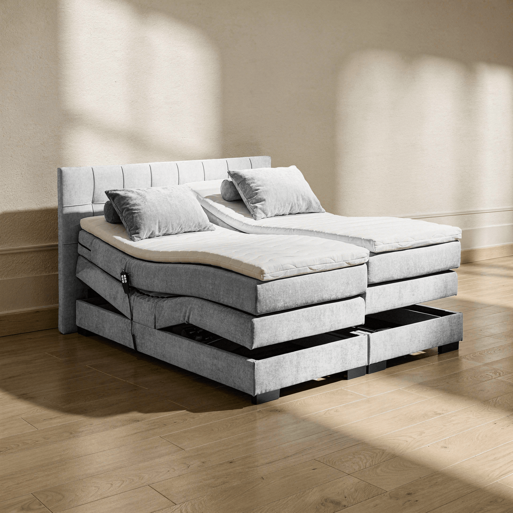 Boxspring Tabeno - Grey - Electric Adjustable - Marcottestyle Shop 180 x 200cm HR foam topper (cold foam)