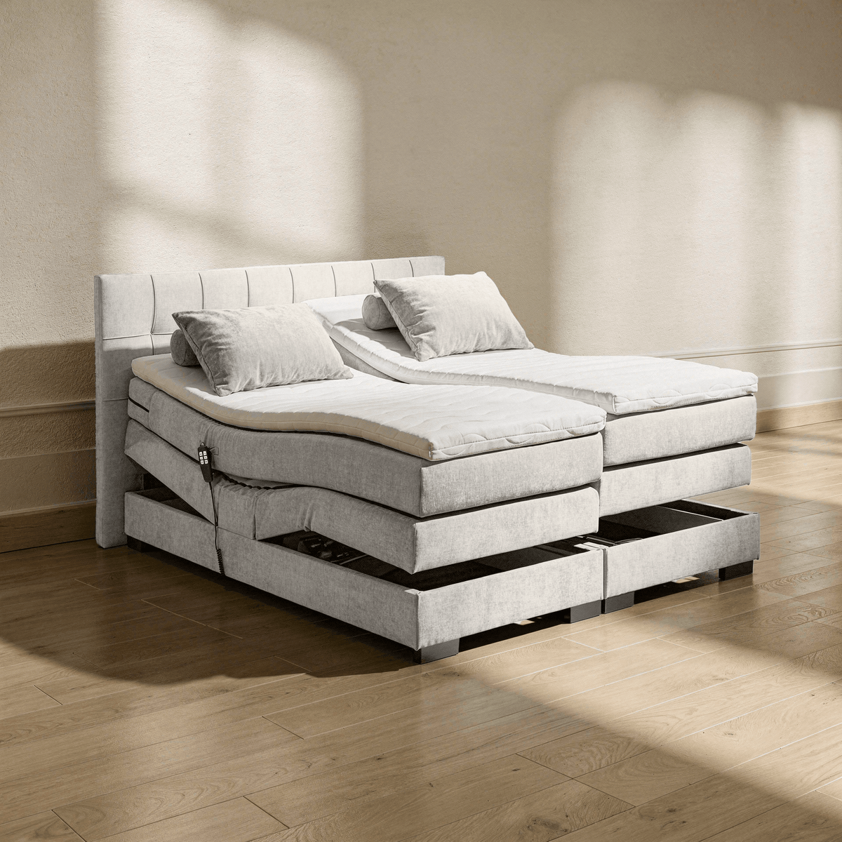 Boxspring Tabeno - Sand - Electric Adjustable - Marcottestyle Shop 180 x 200cm HR foam topper (cold foam) | Marcottestyle