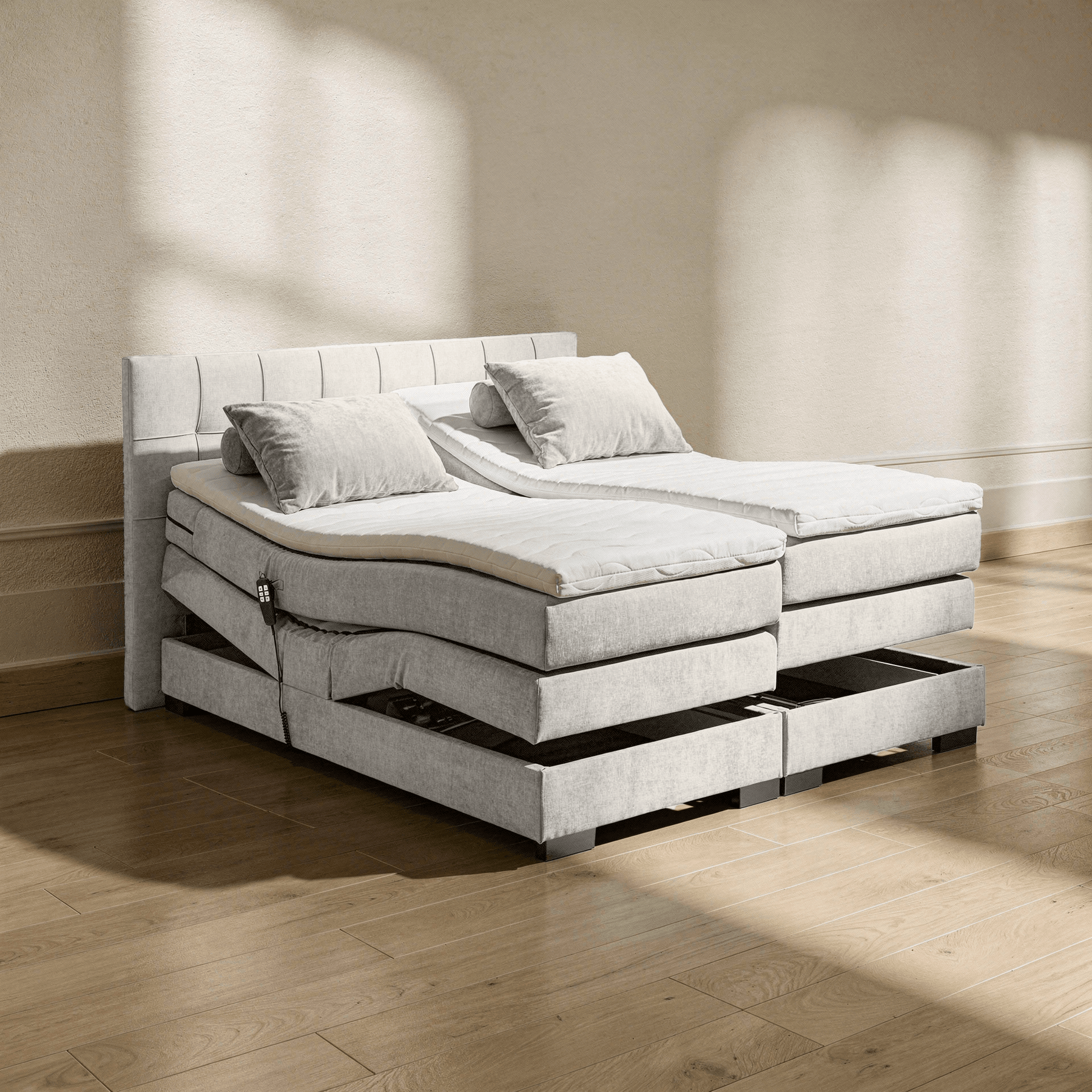 Boxspring Tabeno - Sand - Electric Adjustable - Marcottestyle Shop 180 x 200cm HR foam topper (cold foam)