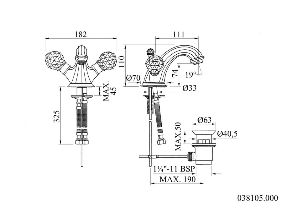 Bronces Mestre Indica 038105 technische tekening met maten
