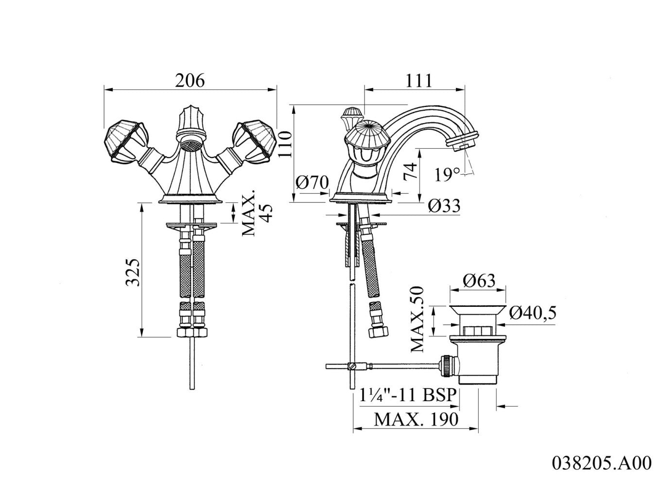 Bronces Mestre Indica 038205 technische tekening met maten