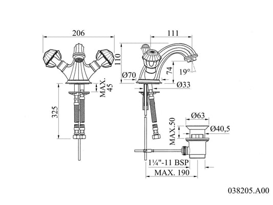 Bronces Mestre Indica 038205 technische tekening met maten