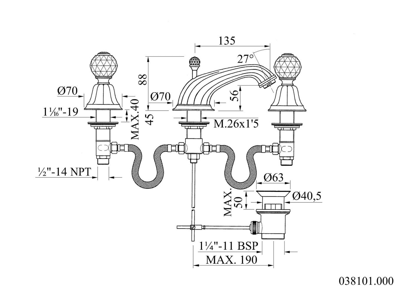 Bronces Mestre Indica 038101 technische tekening met maten