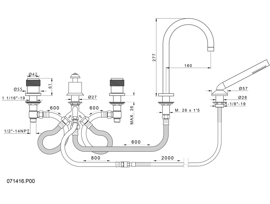 Bronces Mestre Soho Five Holes Bath Set - 071416 - technical drawing
