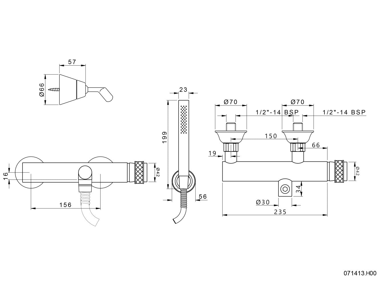Bronces Mestre Soho Shower Mixer - 071413 - technical drawing
