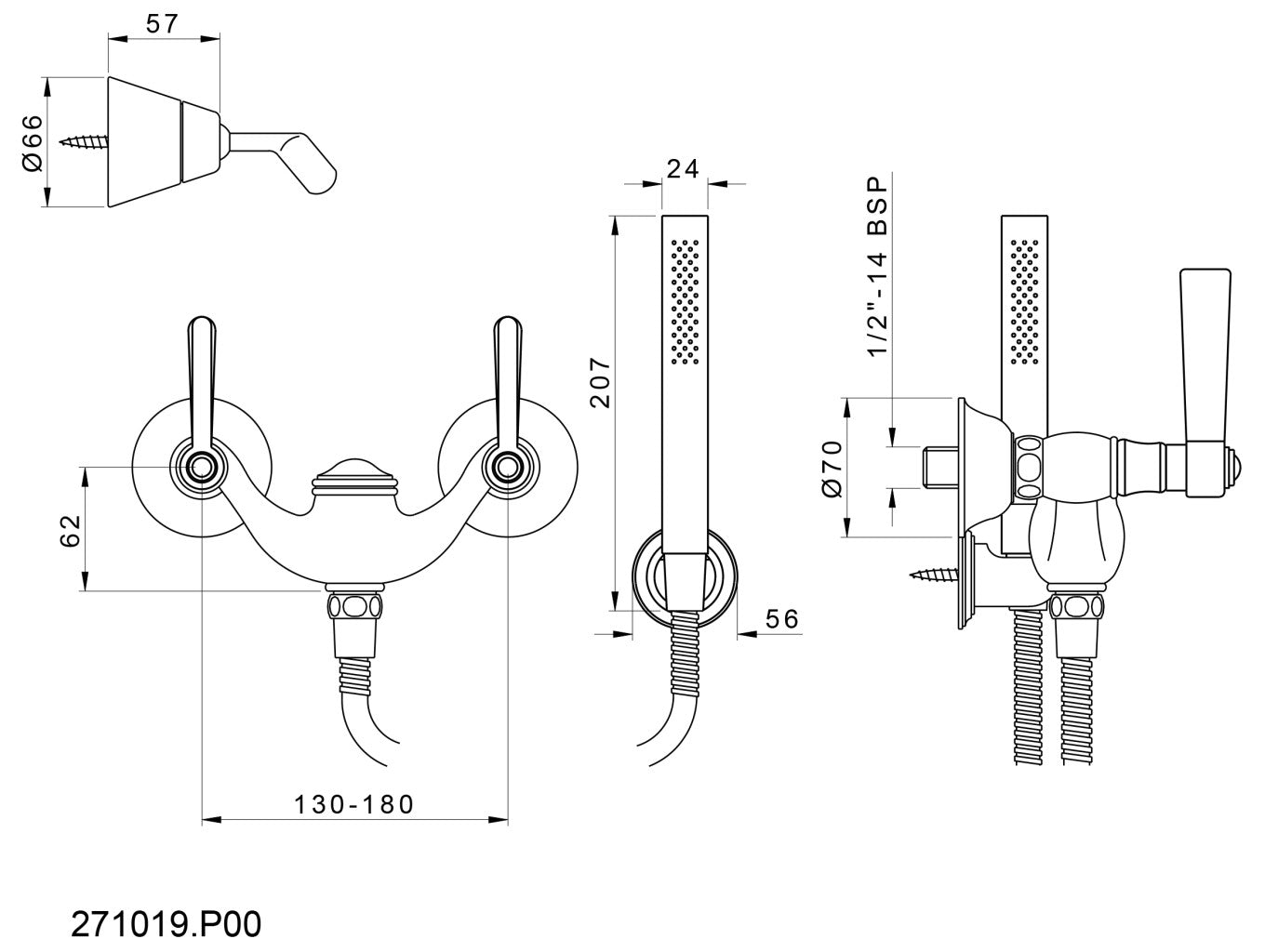 Bronces Mestre Soho Shower Mixer with Handle - 271019 - technical drawing
